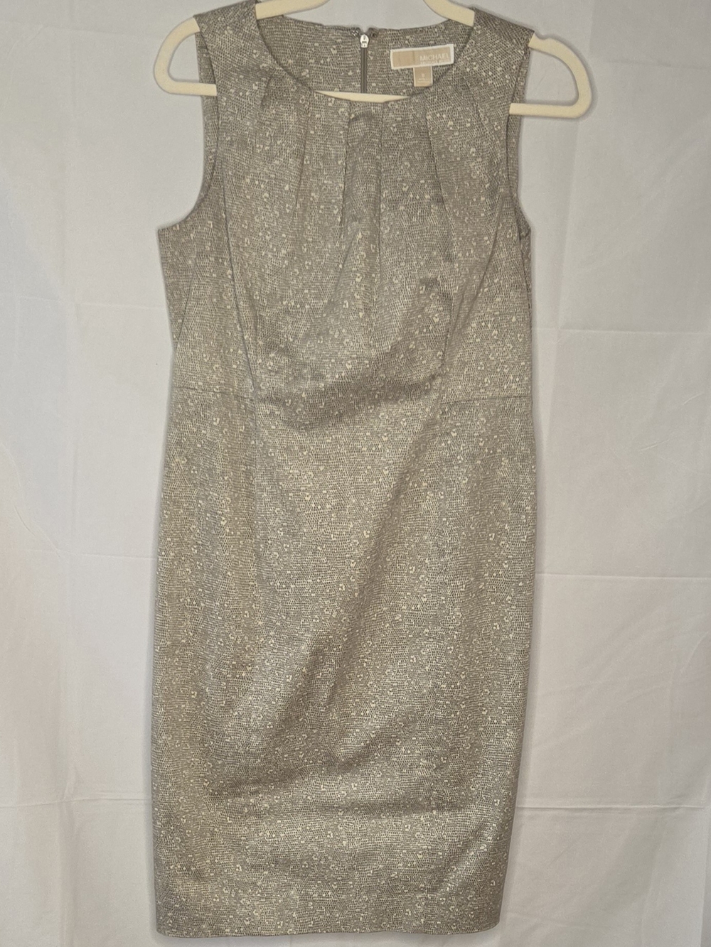 Michael Kors Sage Green Snakeskin Sleeveless Sheath Dress Pleated Neck
